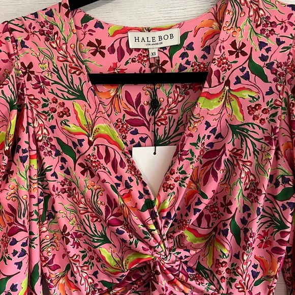 Hale Bob Spring Dress Pink Floral 'Manila Jersey' Twist Front Balloon Sleeve NWT - Picture 10 of 15